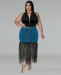 Plus Size Women's Denim Patchwork Mesh Skirt -The Beauty Size Shop 29964568199667f1