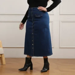 The Beauty Size Shop 23 Plus Size Women Denim Button Fake Pocket Skirt