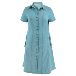 Plus Size Women's Turndown Collar Short Sleeve Button Fashion Denim Dress -The Beauty Size Shop 8b06f7315a391c0a
