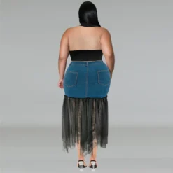 Plus Size Women's Denim Patchwork Mesh Skirt -The Beauty Size Shop a157fe8040f901f6